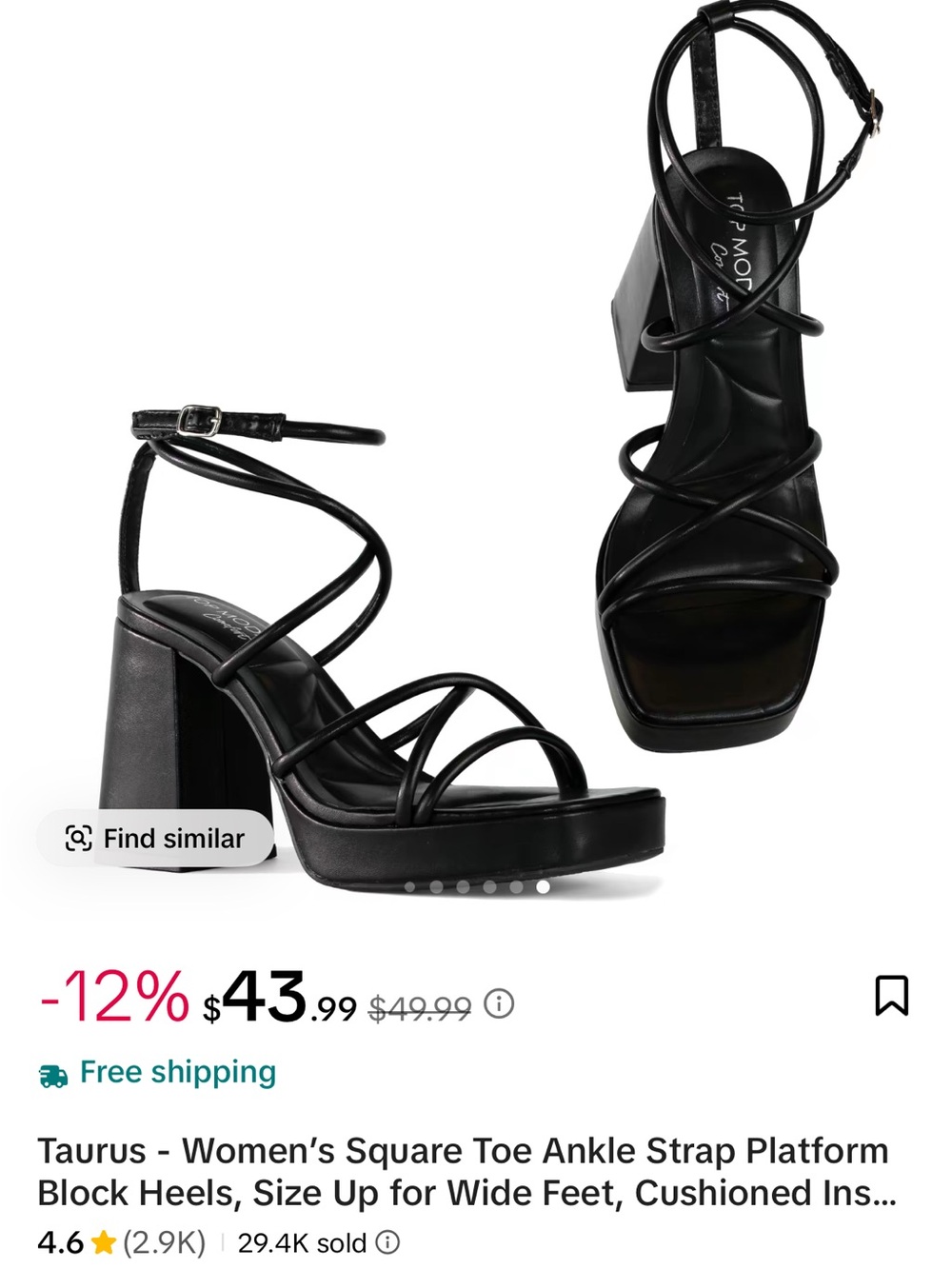 Women's Black Square Toe Ankle Strap Platform Block Heels